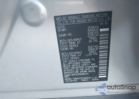 2016 Nissan Rogue S/Sl/Sv z USA, uszkodzony, nr VIN KNMAT2MT2GP693070